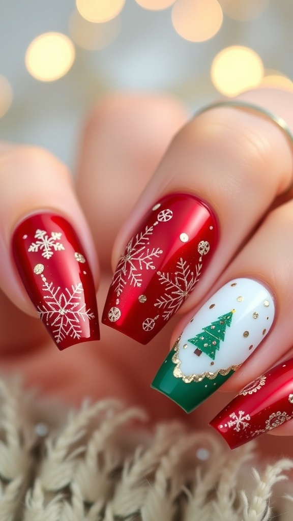 Elegant Short Coffin Christmas Nail Designs Elegant short coffin Christmas nails with red, green, and gold designs, featuring snowflakes and Christmas trees.